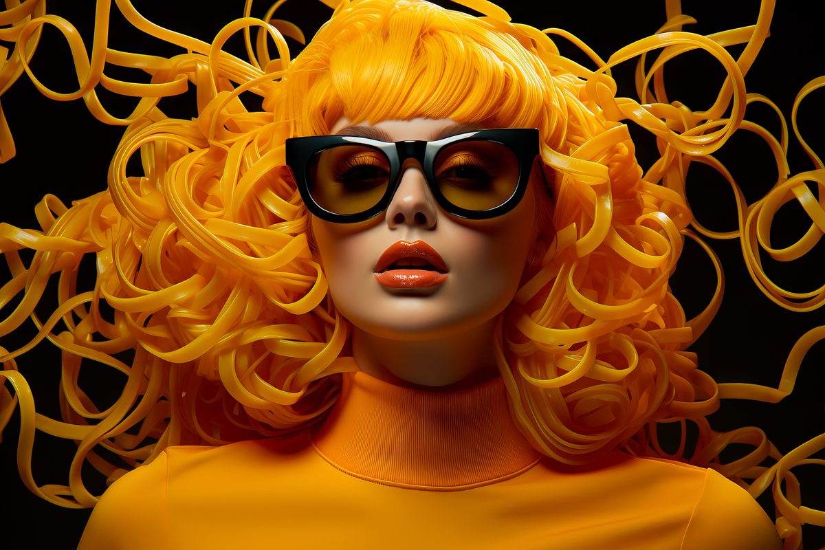Female model wearing sunglasses with a black background